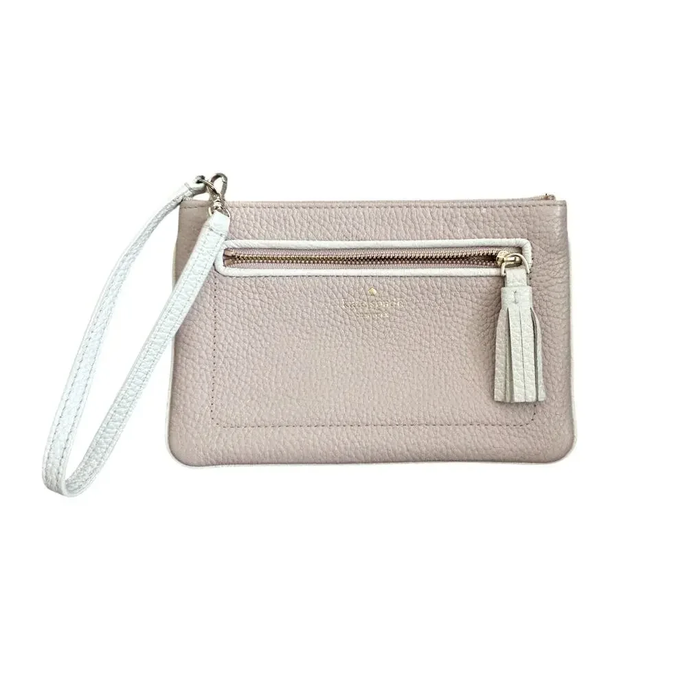 Kate Spade Tan and Ivory Pebbled Leather Zippered Pouch Clutch Wristlet